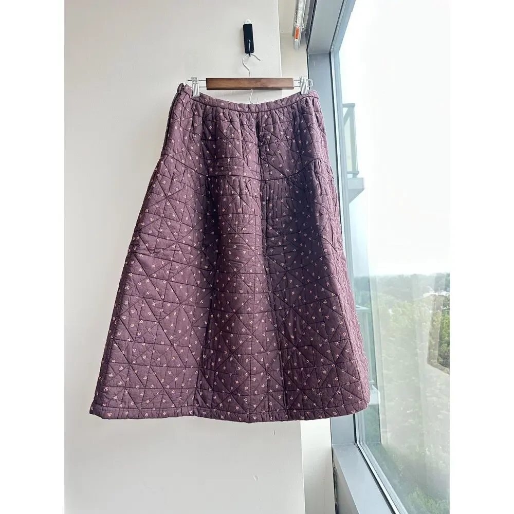 NWT Madewell Quilted Crinkle Cotton Midi Chocolate Raisin Charming Daisy Skirt M